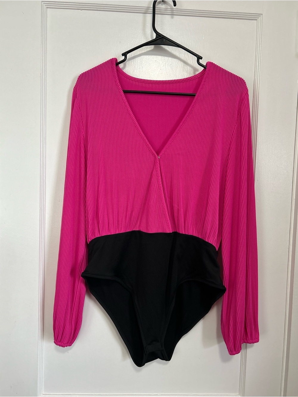 Long Sleeve Ribbed Bodysuit in Hot Pink